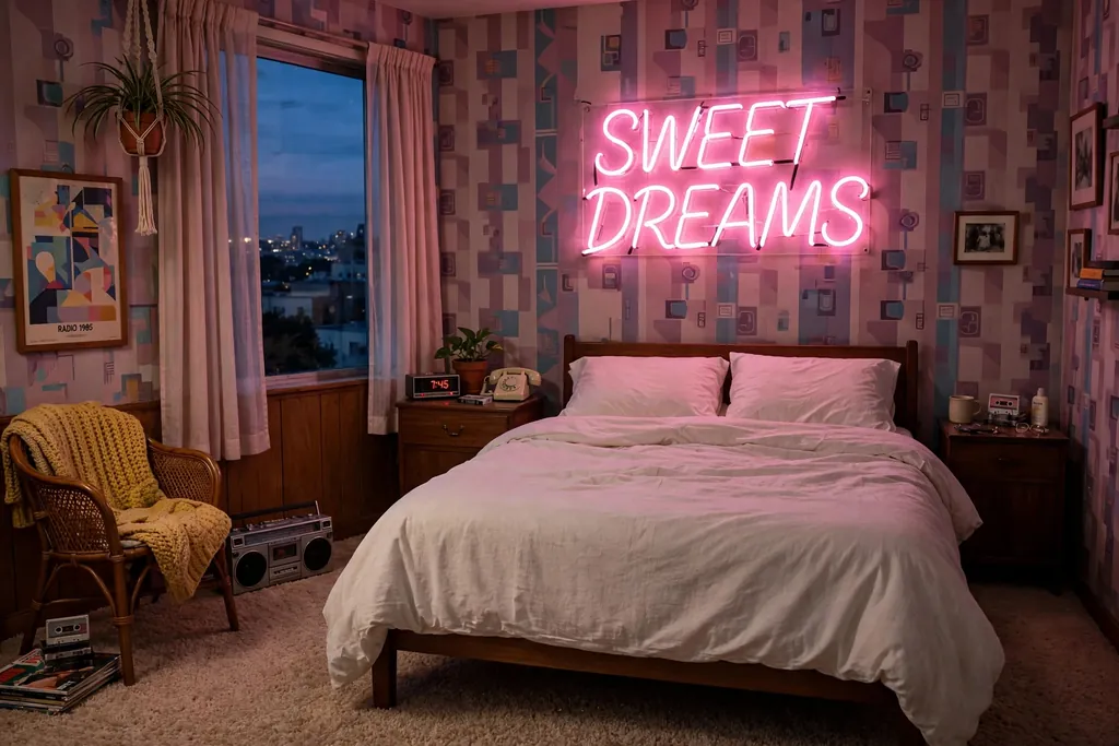 Bedroom with a pink neon style word sign glowing above a bed.