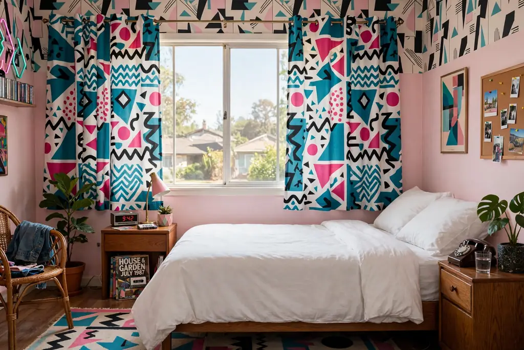Bedroom window with Memphis print curtains in teal, pink, and black.