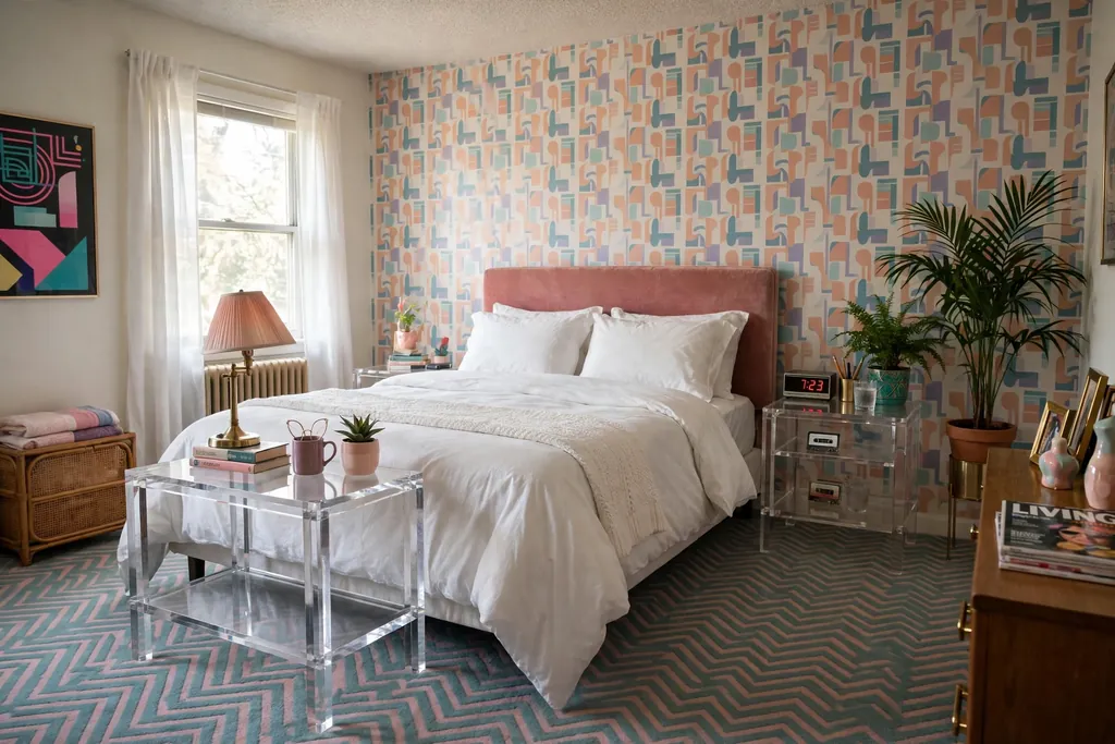 Bedroom with clear lucite nightstands on both sides of a bed.