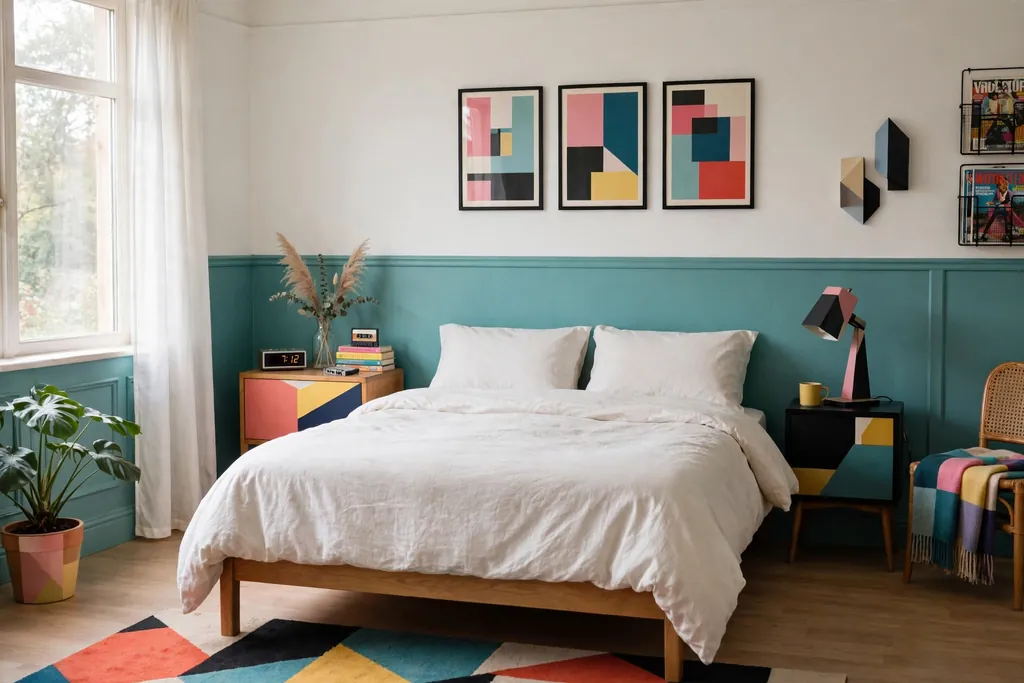 Bedroom with teal lower walls and white upper walls behind a bed.