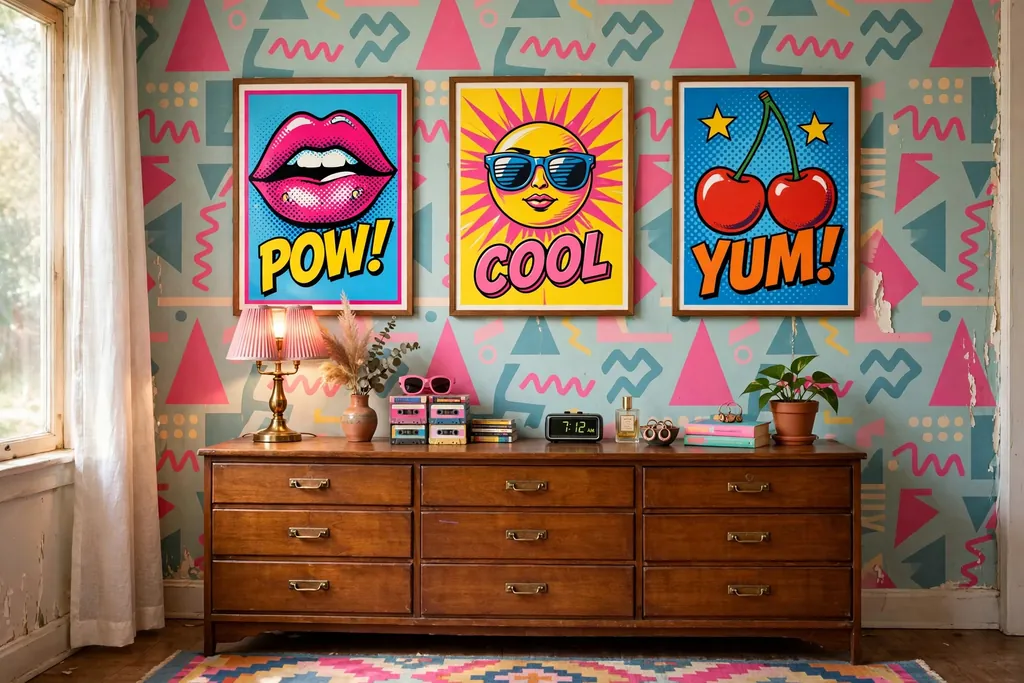 Bedroom wall with framed retro pop art prints above a dresser.
