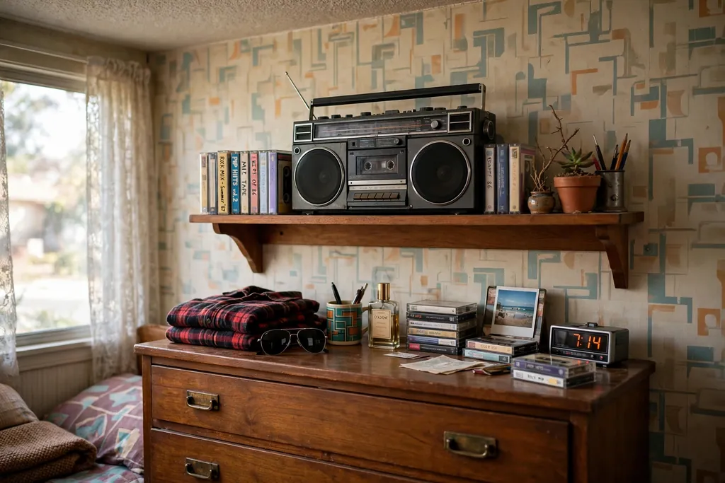 Wall shelf with a vintage style boombox and cassettes above a dresser.