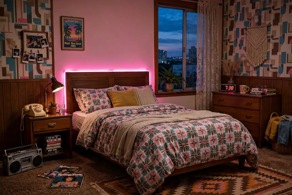 Bed with a neon style strip light glowing behind the headboard.