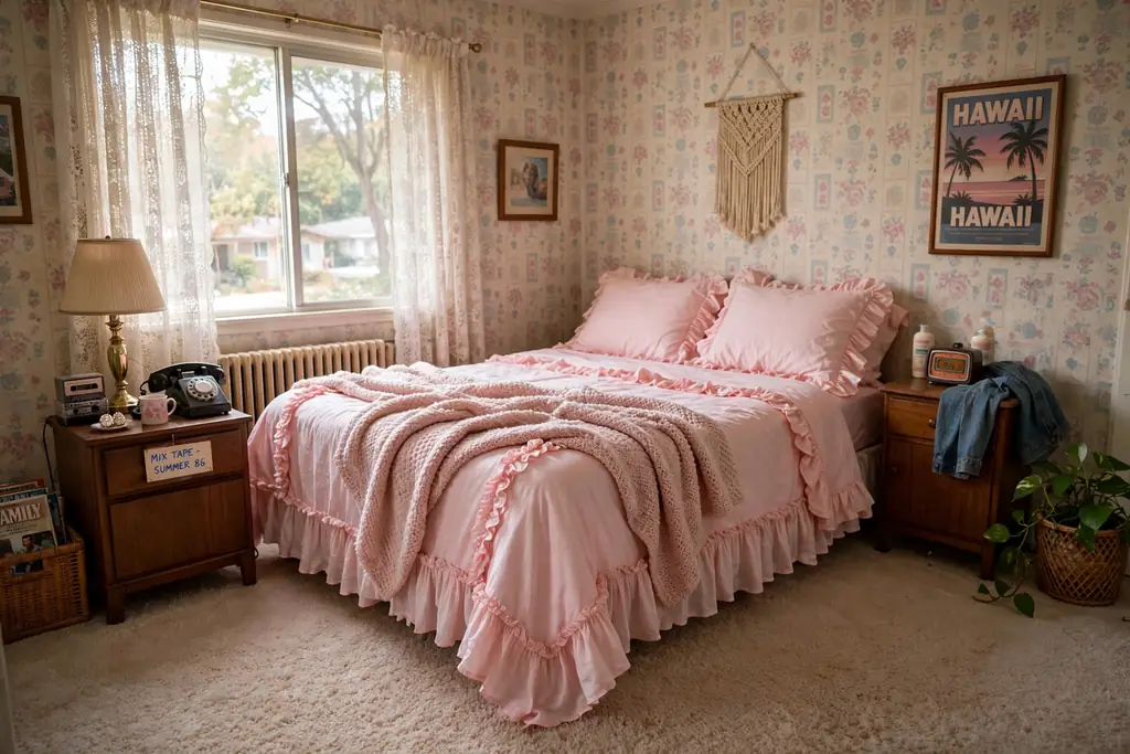 Bed with ruffled pastel pink bedding and a soft throw.