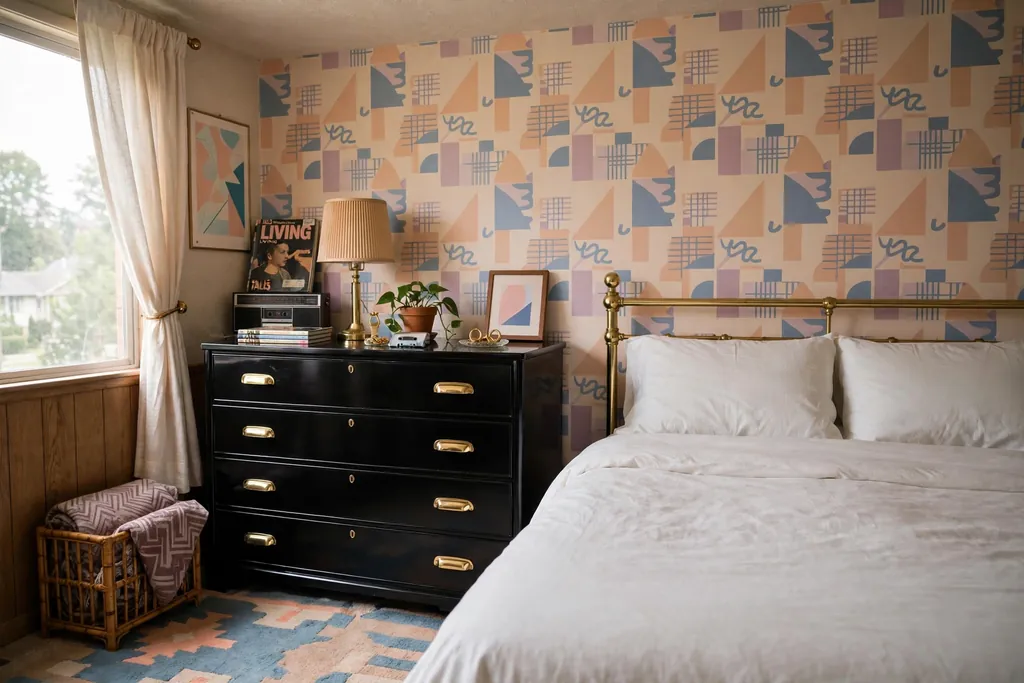 Bedroom with a black lacquer dresser with brass pulls beside a bed.