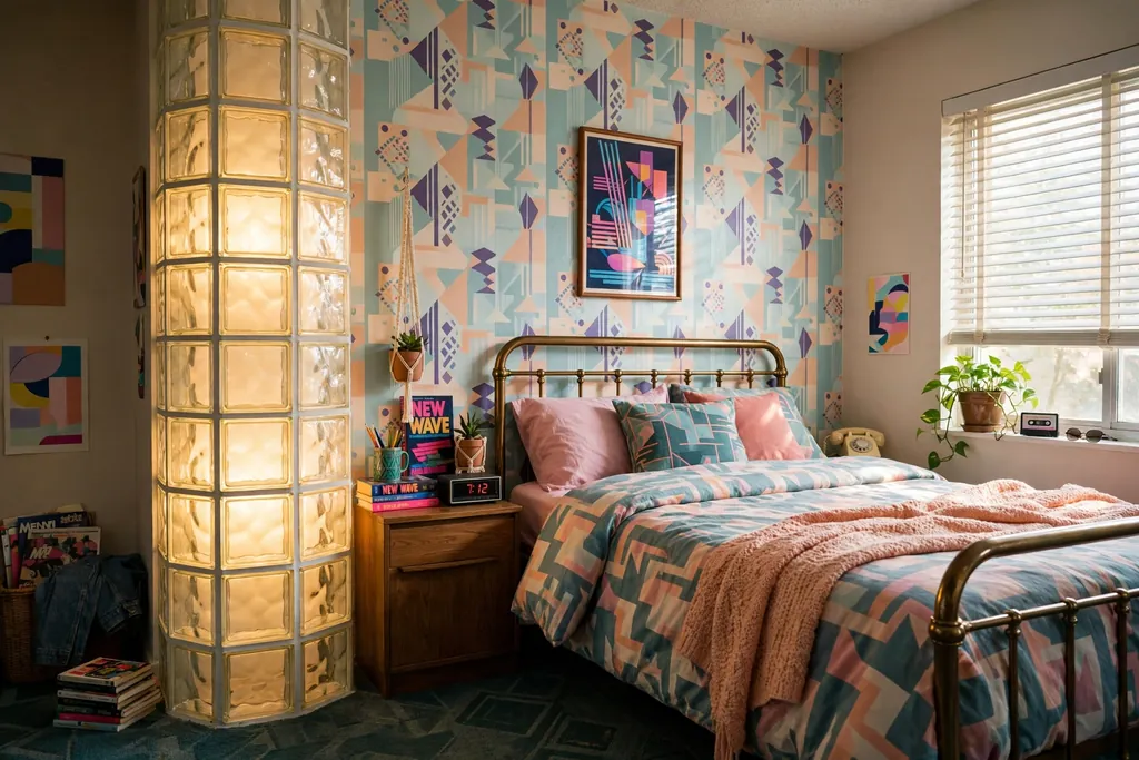 Bedroom corner with a glass block column glowing softly beside a bed.