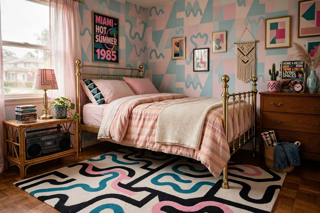 Bedroom with a geometric squiggle rug under the lower half of a bed.