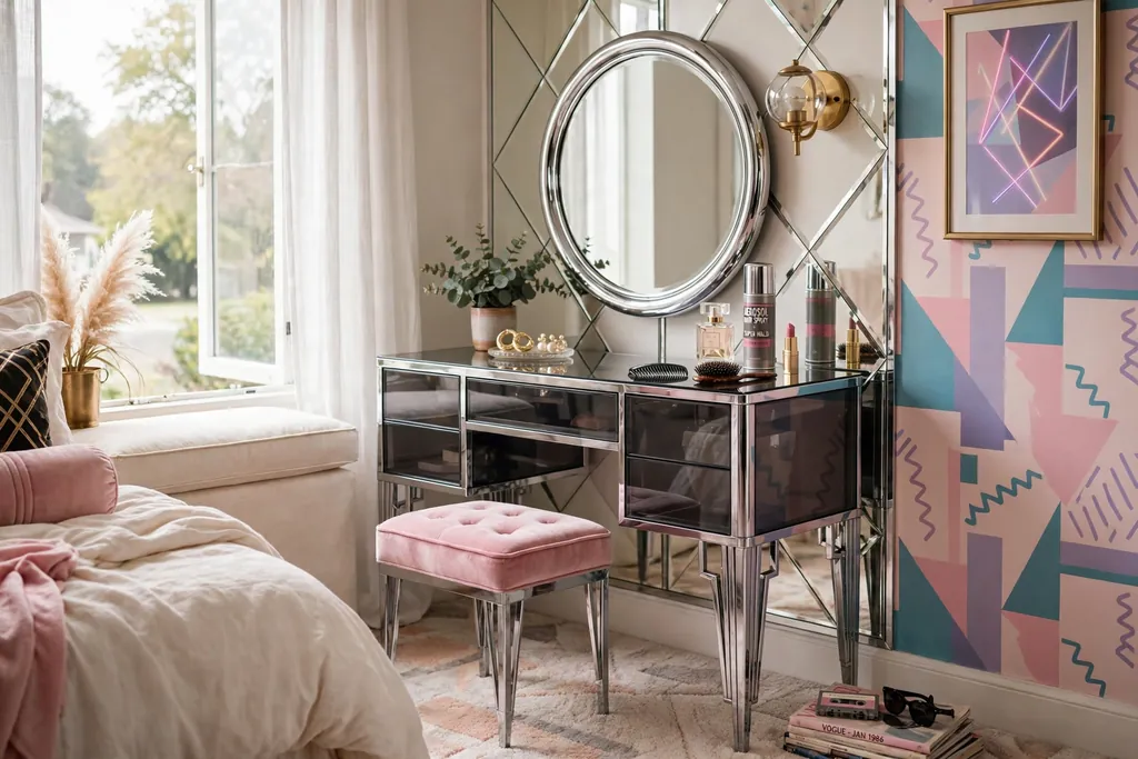 Bedroom corner with a chrome and smoked glass vanity and round mirror.