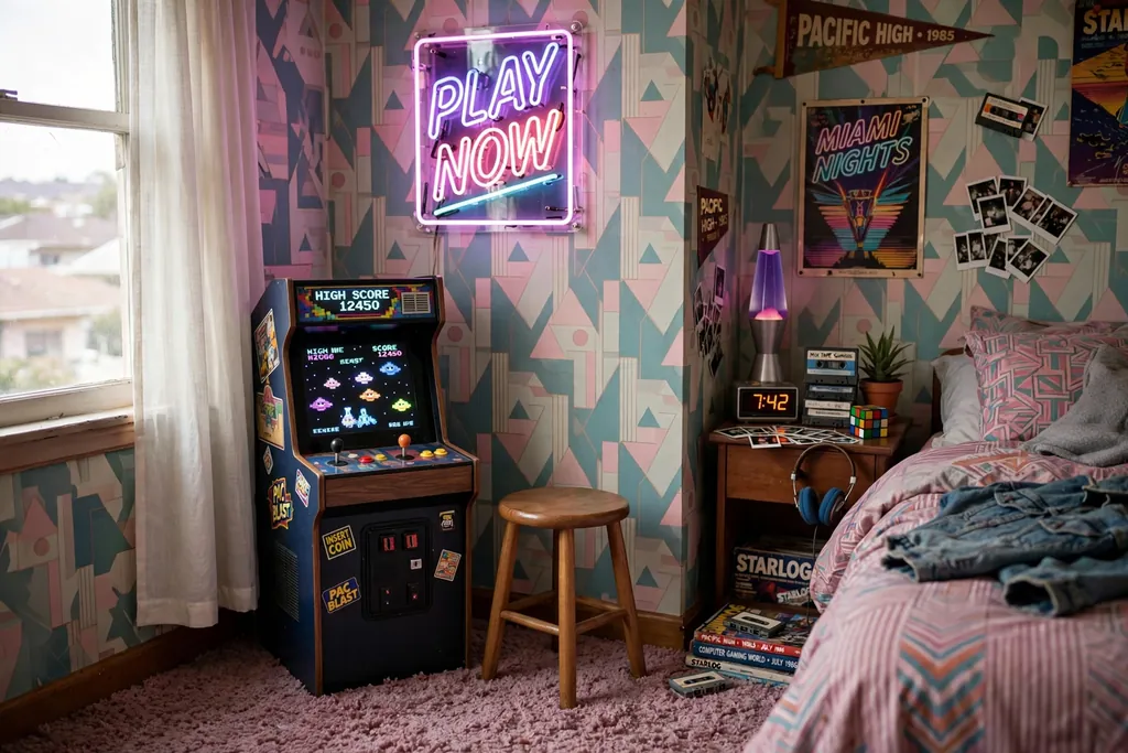 Bedroom corner with a small retro arcade machine and a stool.