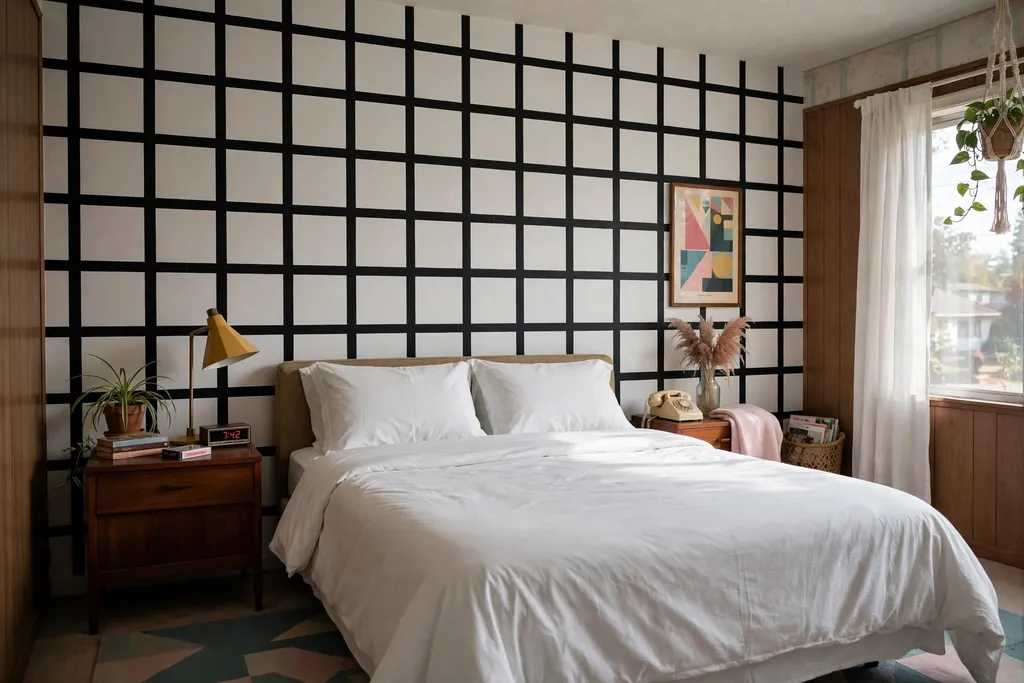Bedroom bed wall with bold black grid wallpaper and plain bedding.