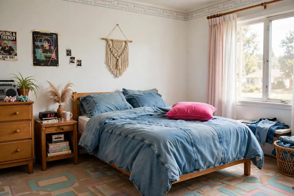 Bed with washed denim bedding and a bright pink cushion.