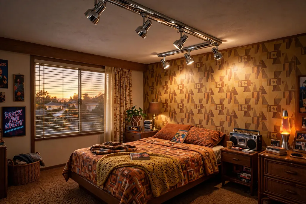 Bedroom ceiling with chrome track lighting aimed at the bed wall.