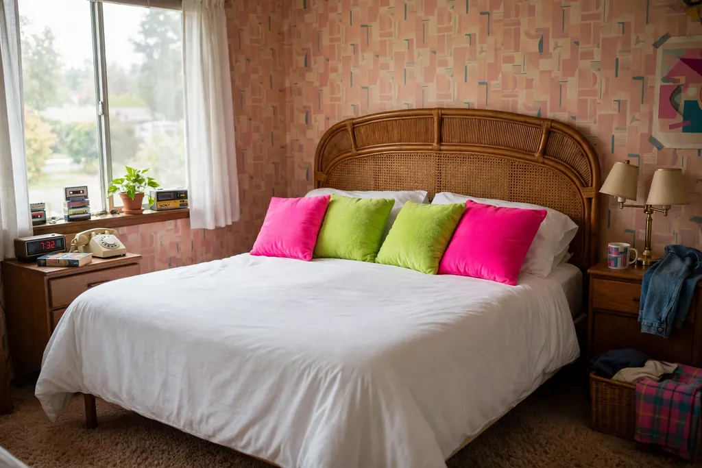 Bed with a rattan headboard and neon pink and lime cushions.