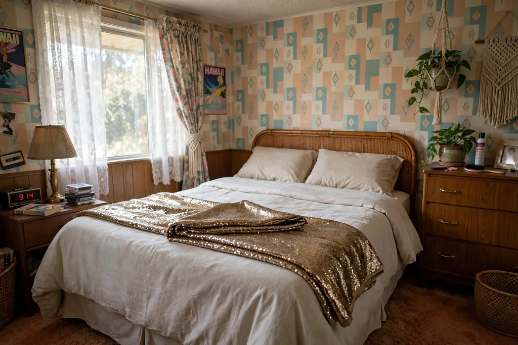 Bed with a metallic sequin throw folded across plain bedding.