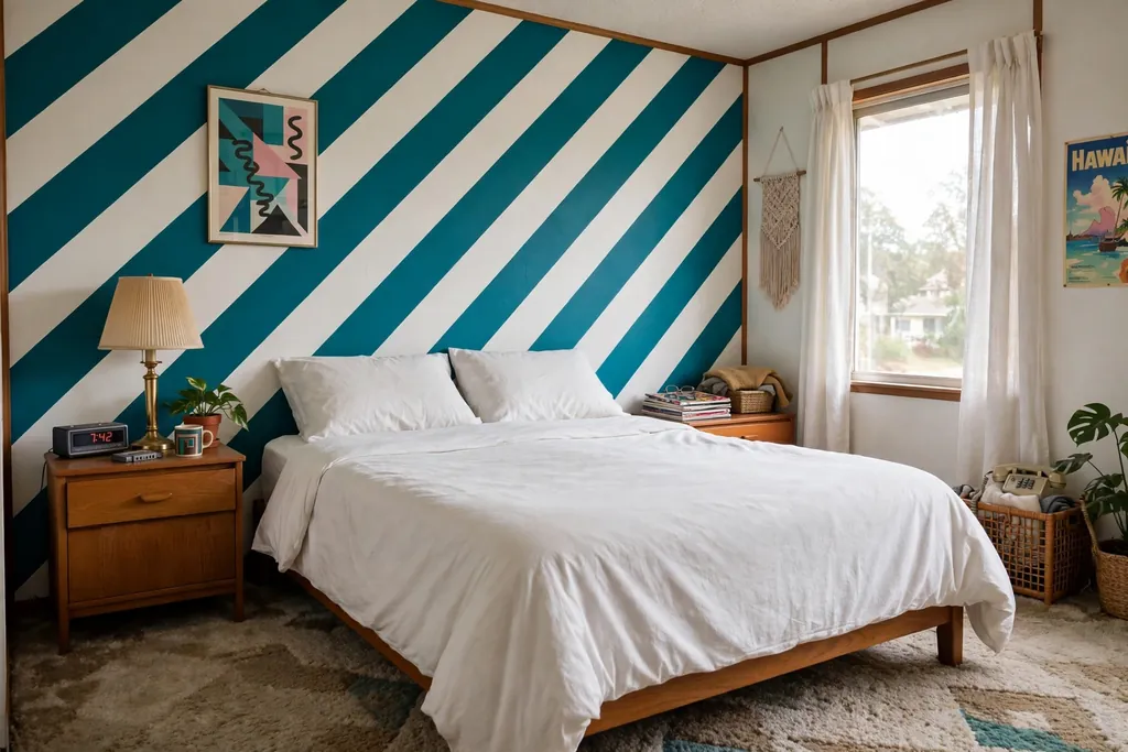 Bedroom wall with bold diagonal stripes in teal and white.