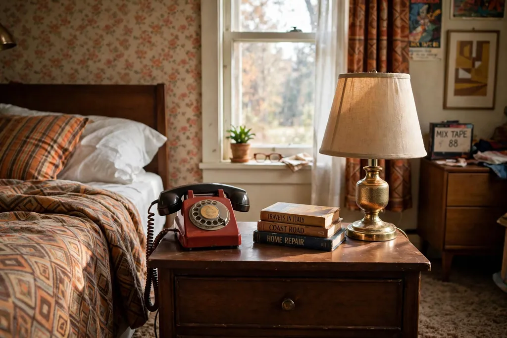 Nightstand styled with a retro rotary style phone, books, and a lamp.