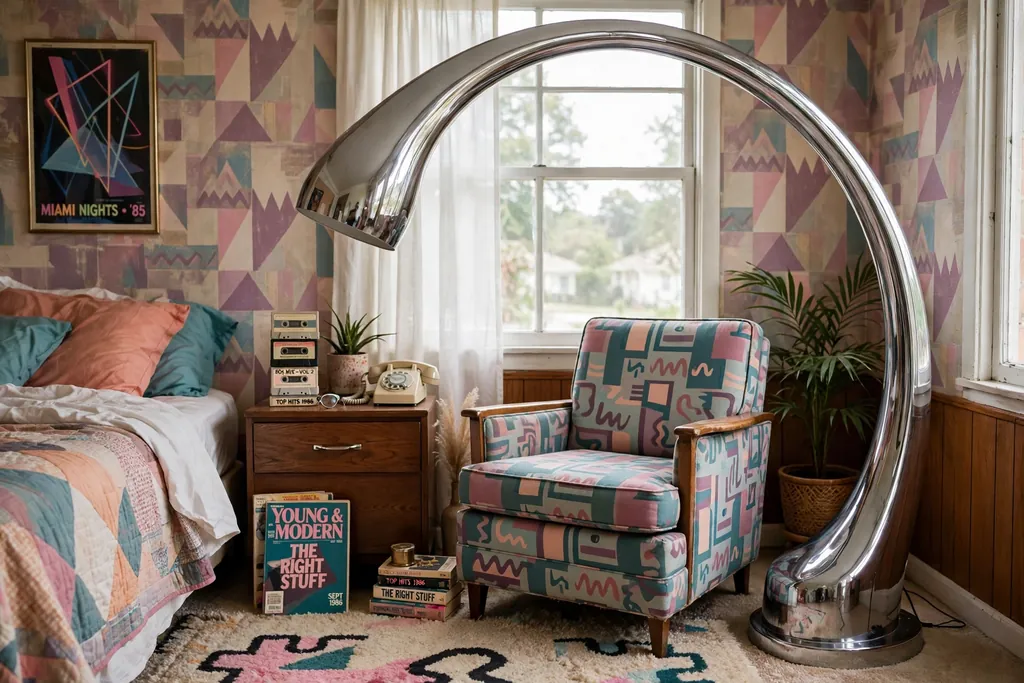 Bedroom corner with an oversized chrome arc floor lamp beside a chair.
