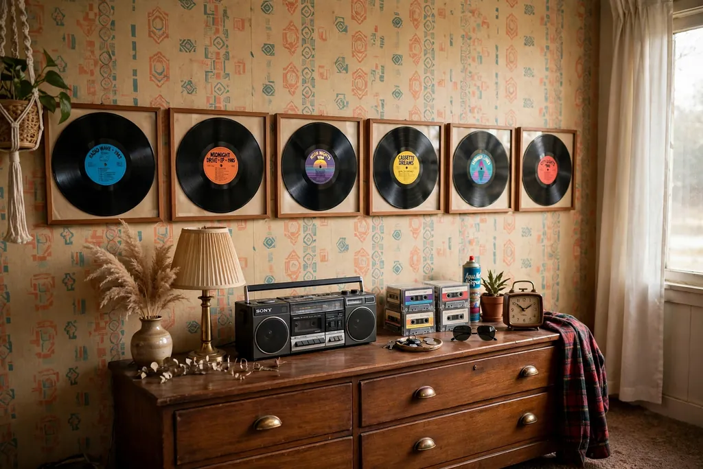 Bedroom wall with vinyl records in frames in a row above a dresser.