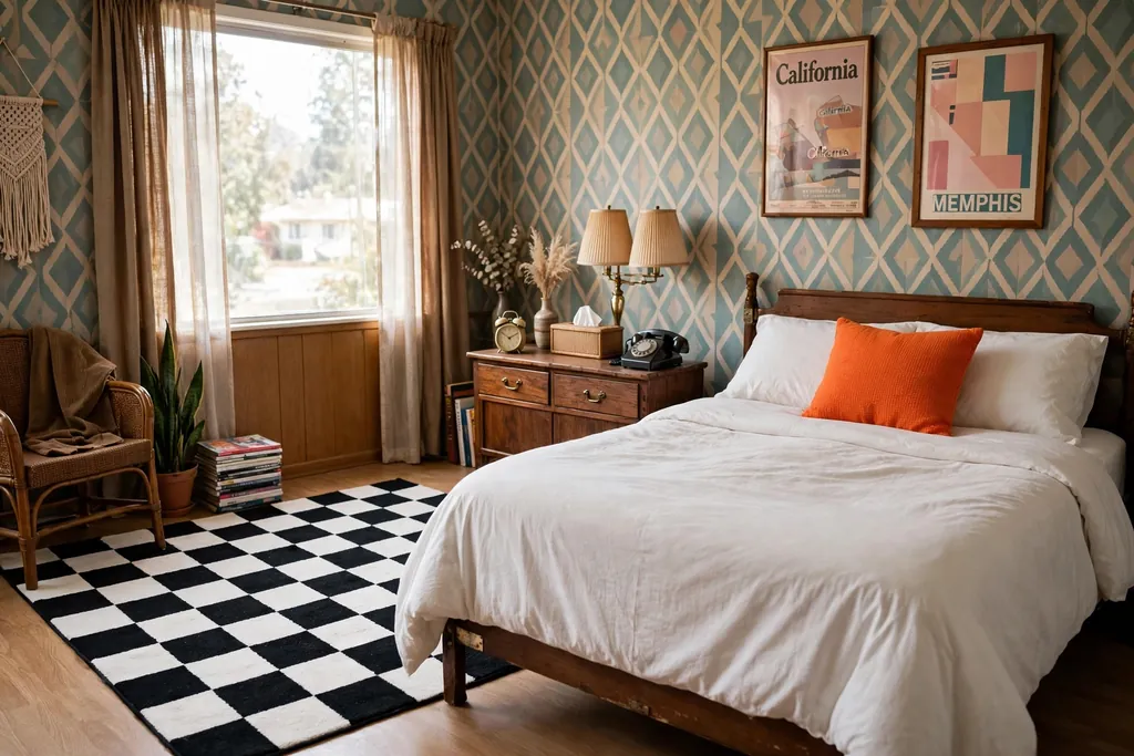 Bedroom with a black and white checkerboard rug beside a bed.