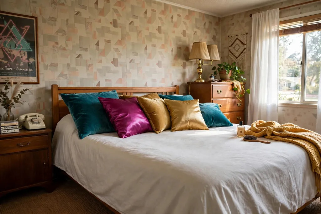 Bed with satin and velvet cushions in teal, magenta, and gold.