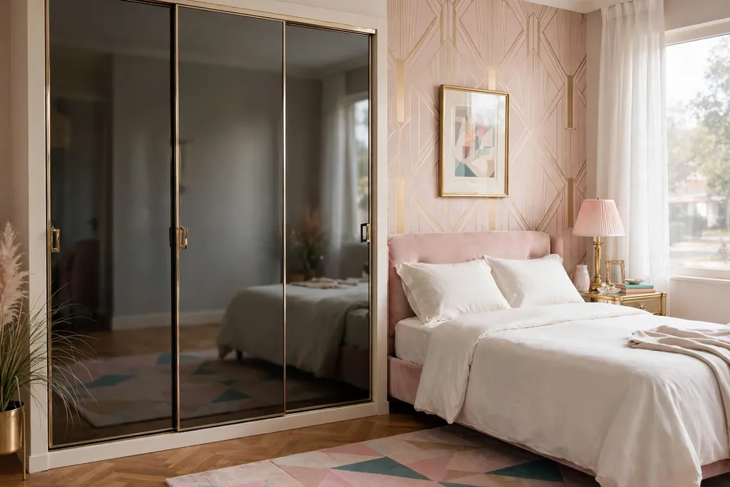 Bedroom with smoked mirror wardrobe doors beside a bed.