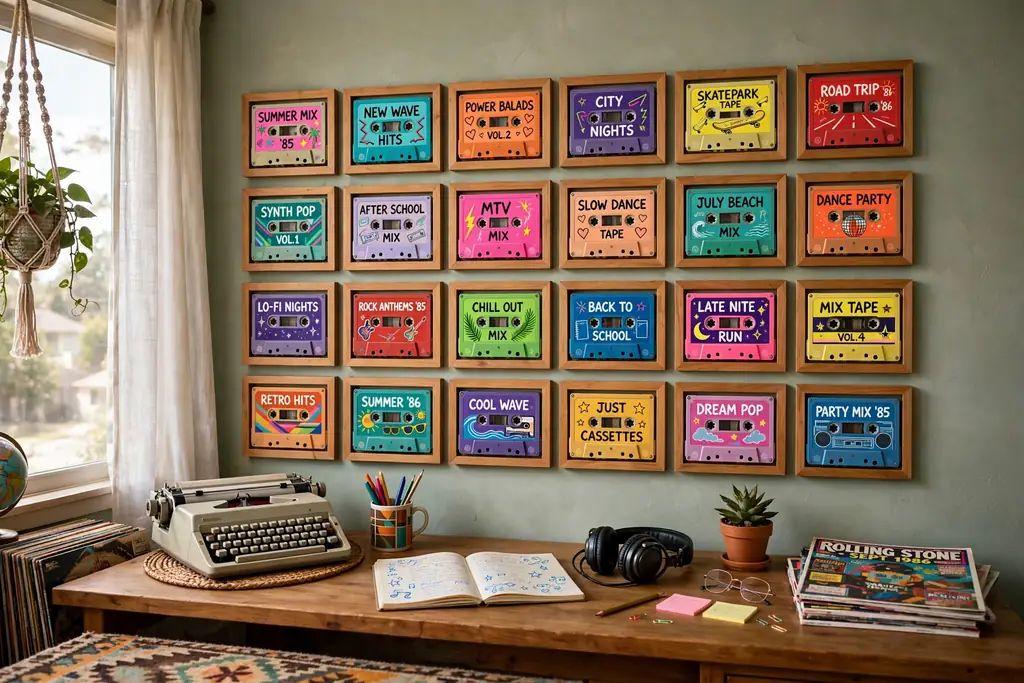 Bedroom wall with framed cassette tapes in a tight grid above a desk.