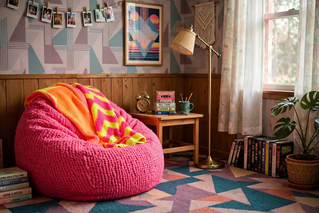 Bedroom corner with a large bean bag, neon throw, and floor lamp.