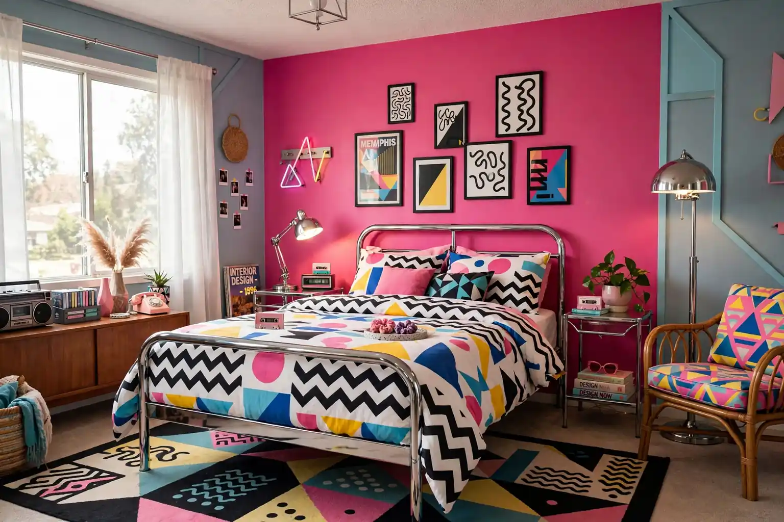Wide 80s bedroom with a hot pink accent wall, Memphis bedding, and chrome details in daylight.