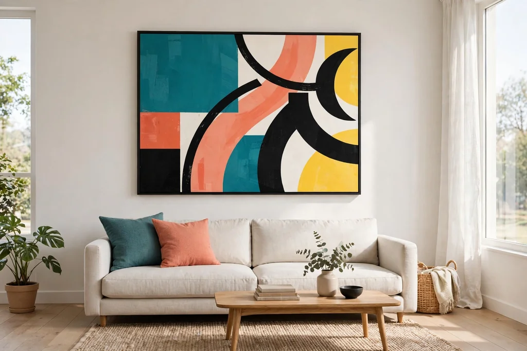 Large abstract art print with bold blocks and arcs in 80s colors hanging above a sofa.