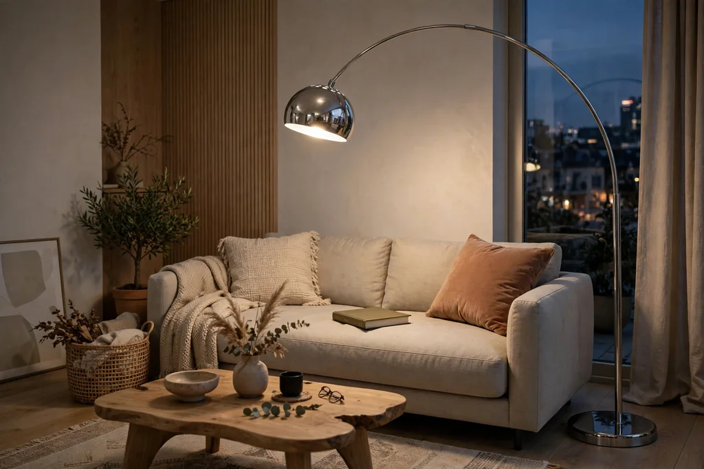 Chrome arc floor lamp curving over a sofa reading corner in a living room.
