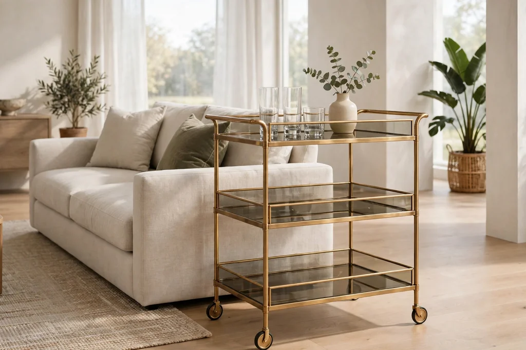 Bar cart with smoked glass shelves and a brass frame beside a sofa in a living room.