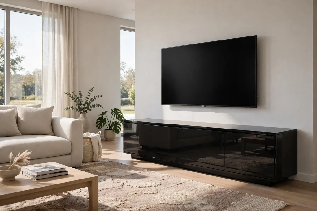 Low high gloss black lacquer media unit under a television with closed doors in a living room.