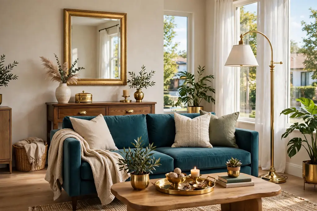 Living room with brass floor lamp, gold framed mirror, and brass tray on a coffee table.