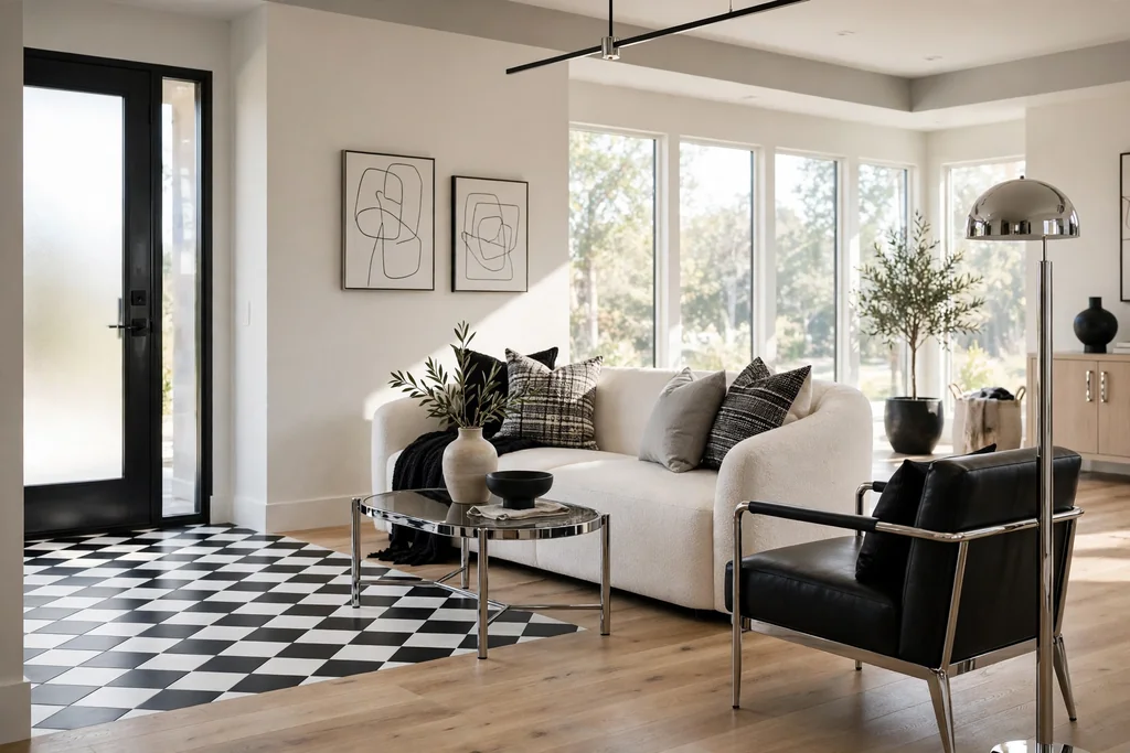 Living room entry with a black and white checkerboard floor accent beside a sofa group.