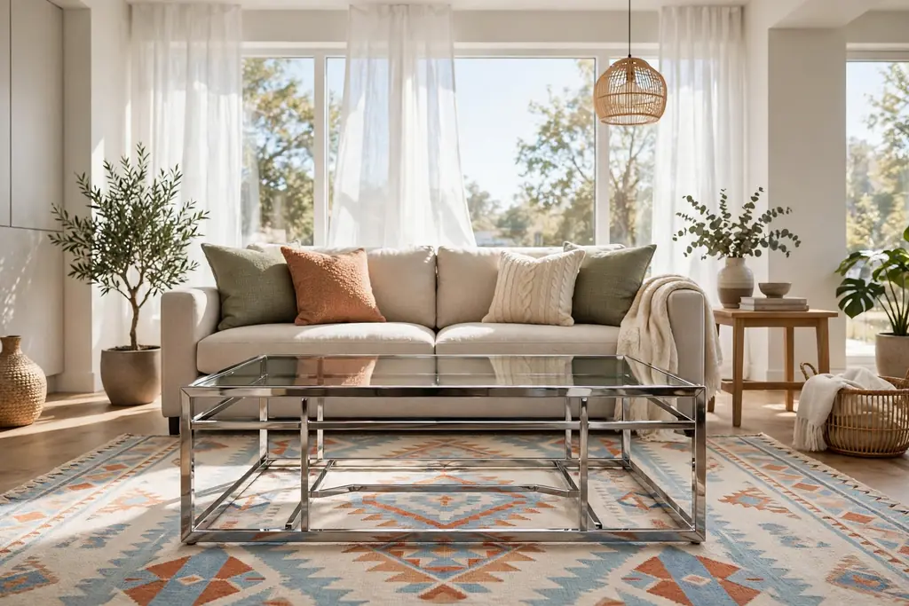 Chrome and glass coffee table in front of a sofa on a patterned rug in a bright living room.