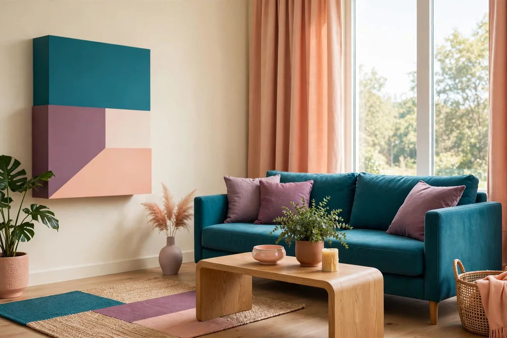Living room color blocked in teal, mauve, and peach with a teal sofa, mauve cushions, and peach curtains.