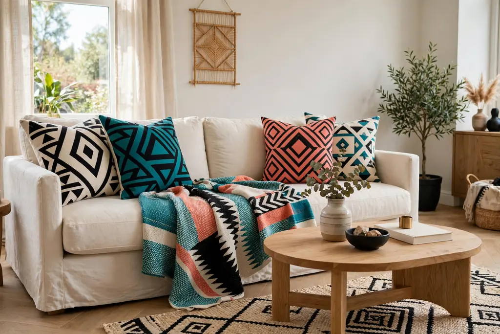 Plain sofa with bold geometric cushions and a throw in teal, coral, black, and cream.