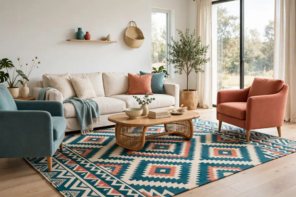 Living room seating group on a bold geometric rug with diamonds and zigzags in teal, coral, and cream.