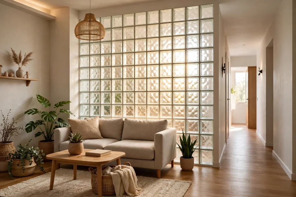 Glass block divider wall glowing with daylight between a living room seating area and a hallway.