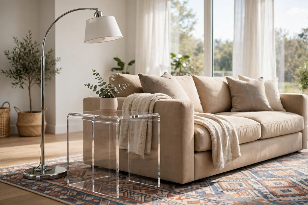 Clear acrylic side table beside a sofa on a patterned rug in a bright living room.