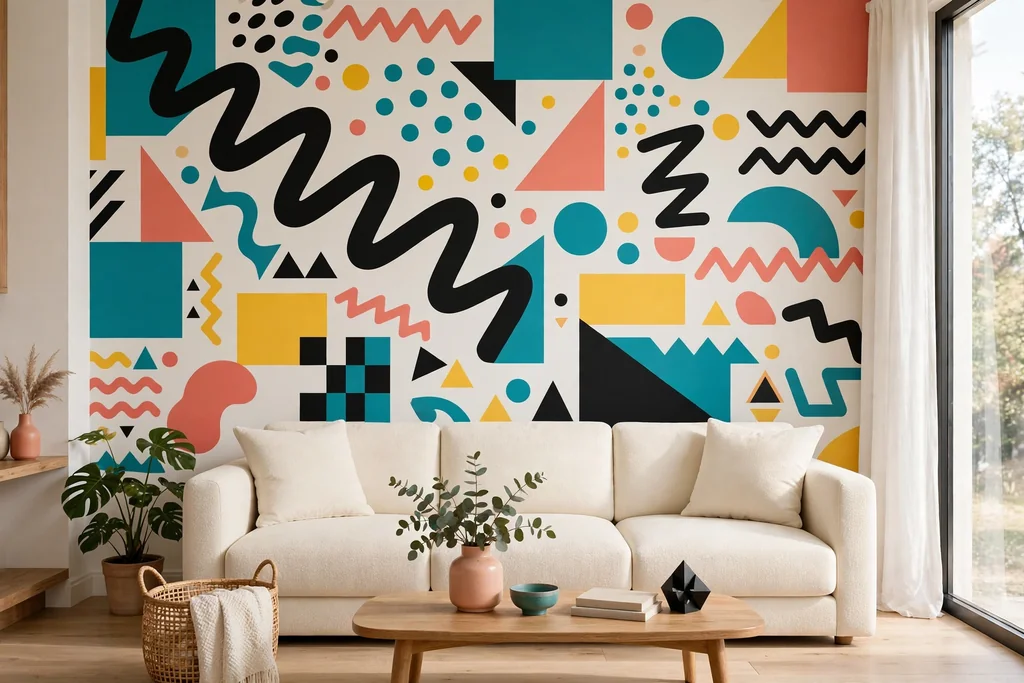 Living room wall with Memphis style geometric shapes in teal, black, yellow, and coral behind a plain sofa.