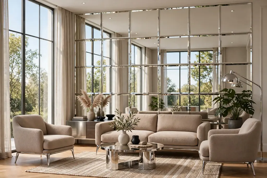 Living room wall with mirrored panels in a grid reflecting daylight and a seating group.