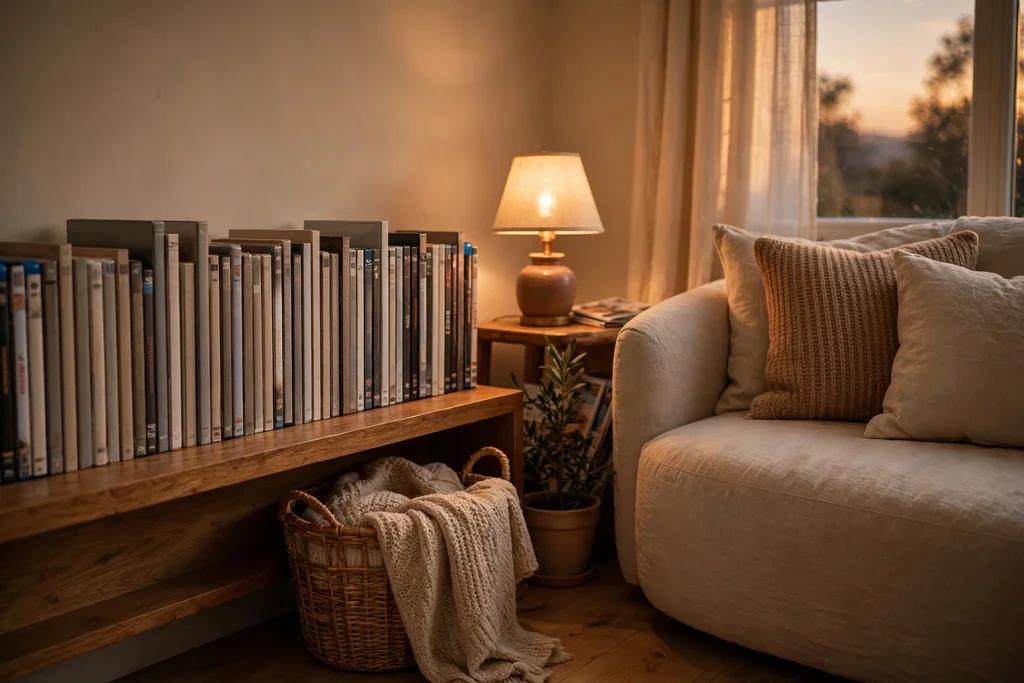 Movie night corner with a low media shelf, upright films, a throw, and a small lamp near a sofa.