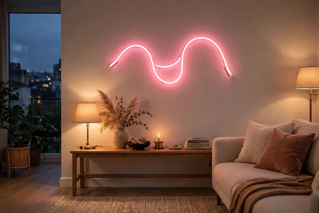 Living room at dusk with a pink neon sign glowing on a plain wall above a console.