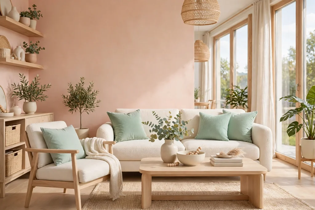 Pastel living room with peach walls, mint cushions, cream furniture, and light wood.