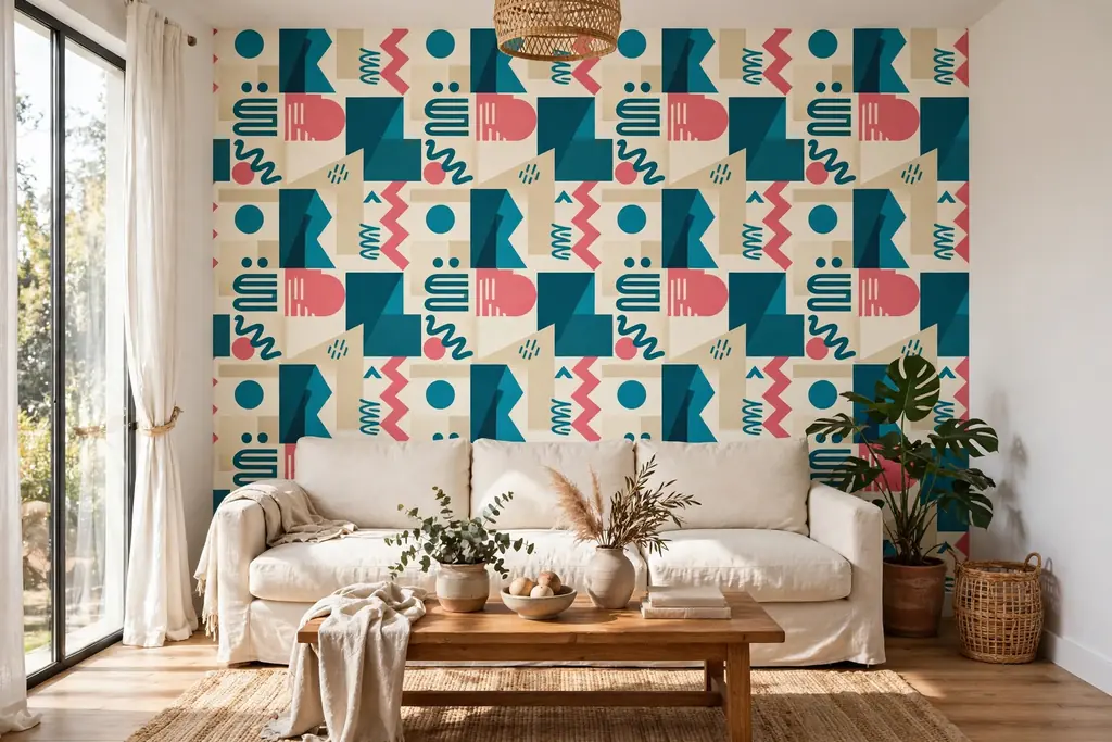 Living room wall with bold geometric 80s wallpaper in teal, coral, and cream behind a plain sofa.