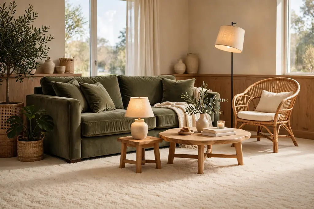 Living room with plush wall to wall carpet in warm cream under a velvet sofa and rattan chair.