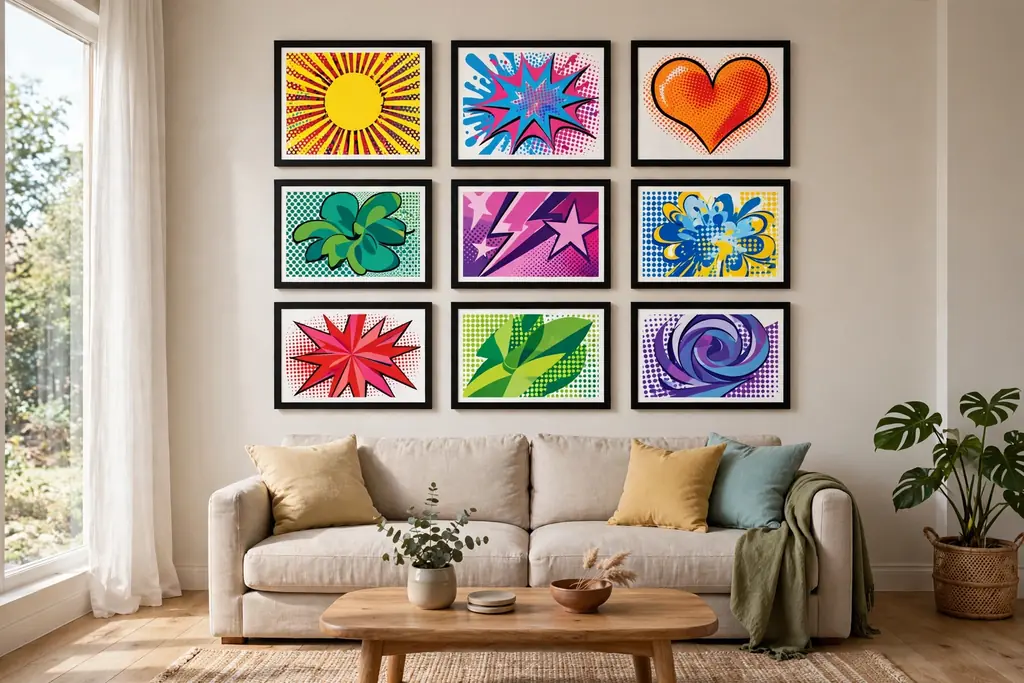 Gallery wall of pop art prints and posters in matching black frames above a sofa.