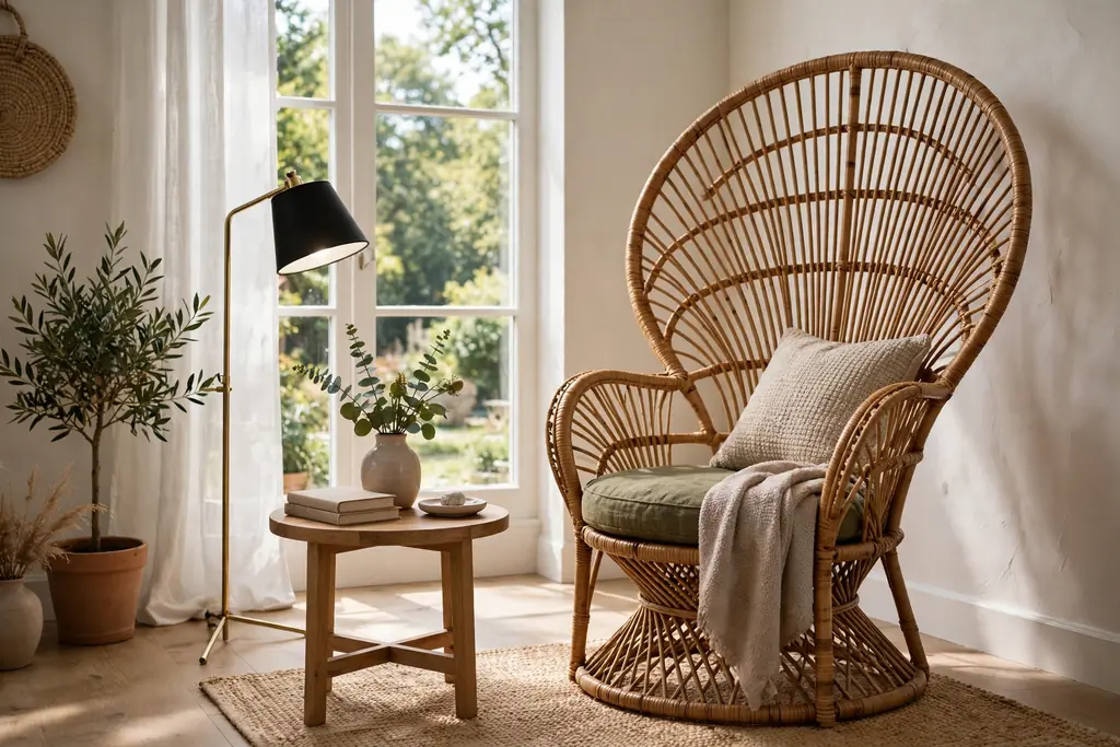 Rattan peacock chair with a tall fanned back beside a window with a small side table and floor lamp.