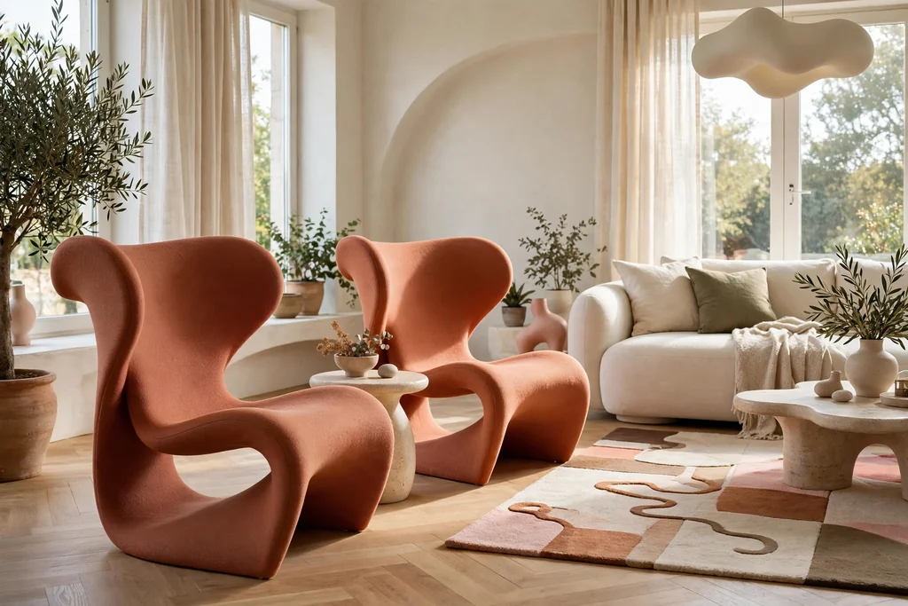Sculptural postmodern accent chairs with curved backs facing a sofa in a living room.